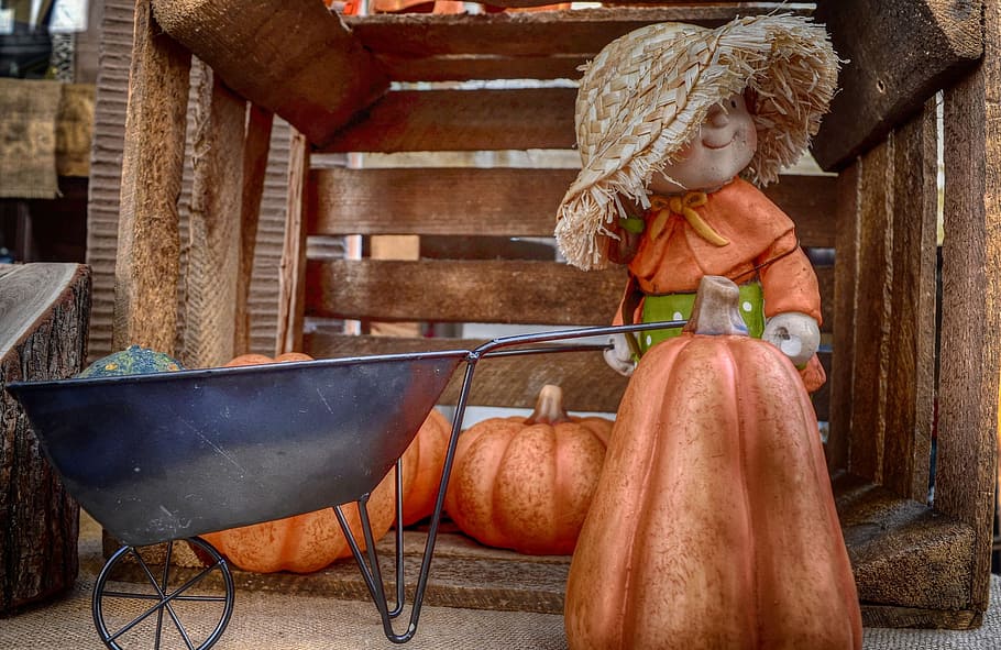 pop, window, toys, crate, creative, design, wood, pumpkin, straw hat HD wallpaper