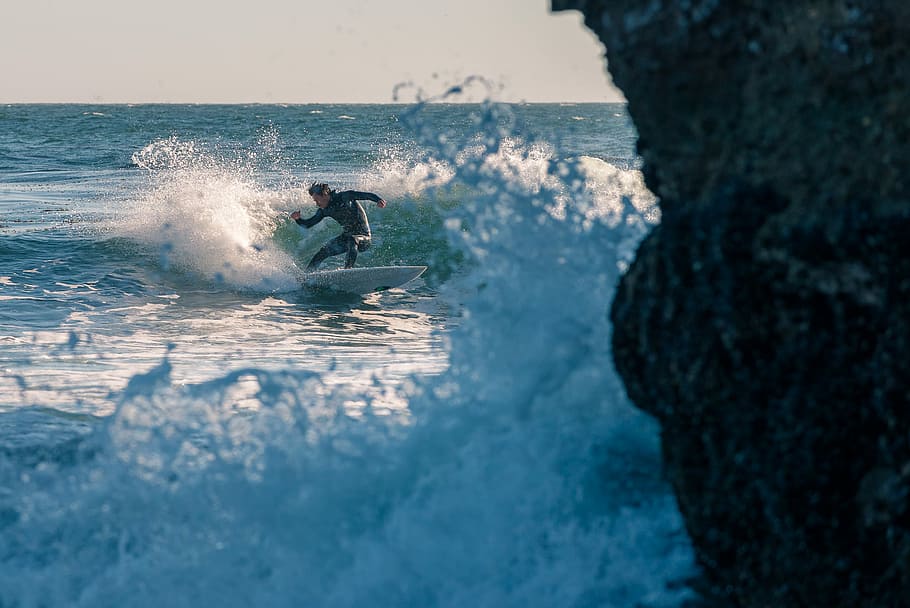 photography of surfboarding man, person surfing on waves, rough HD wallpaper