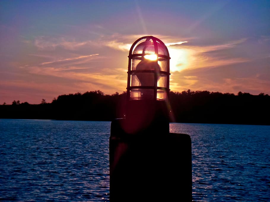 twilight, river, afternoon, sun, water, lantern, lamp, coast HD wallpaper