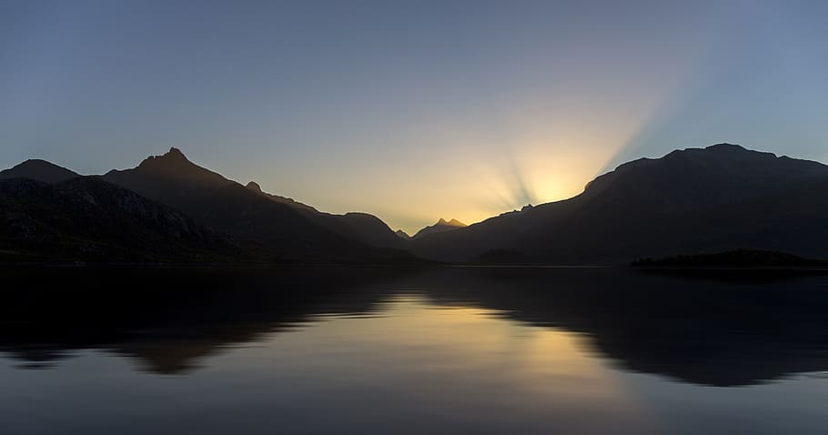 body of water and shore during sunset, view, mountains, reflection HD wallpaper