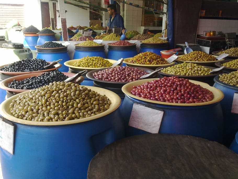 pots, olives, morocco, spices, food and drink, freshness, market HD wallpaper