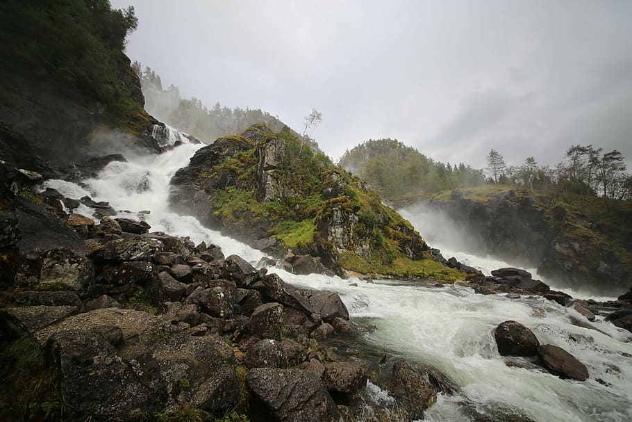water stream down from top of mountain, norway, waterfall, scandinavia, HD wallpaper