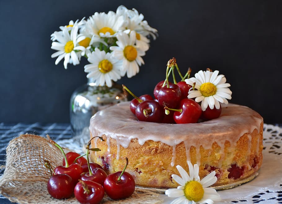 cherry fruits and white flowers on table, cherry pie, cake, cherries