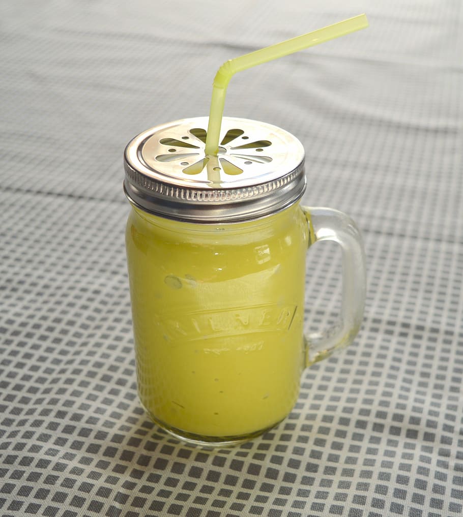 glass Mason jar filled with juice, smoothie, avocado, ginger HD wallpaper