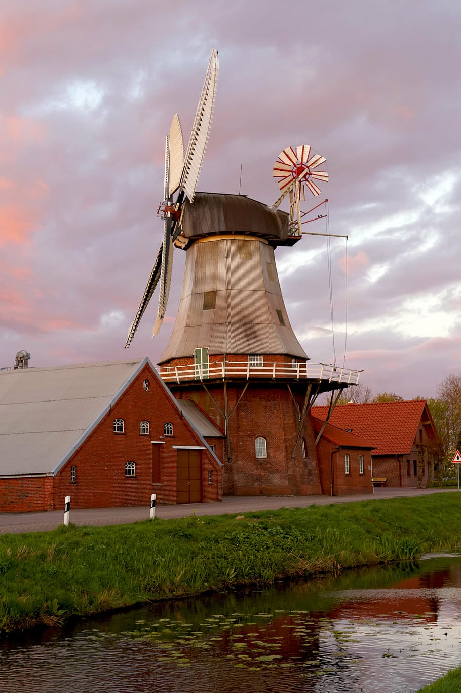windmill, wing, water, sky, clouds, northern germany, mood HD wallpaper