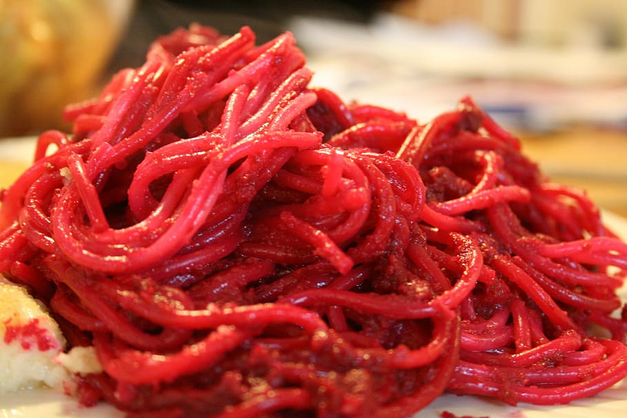 spaghetti, noodles, red beets, food and drink, freshness, close-up HD wallpaper