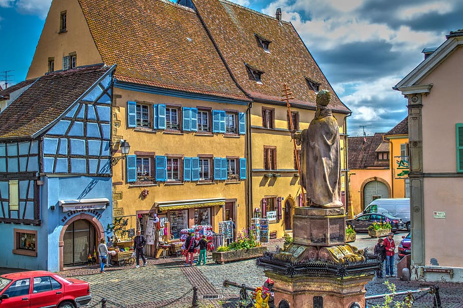 Alsace, France, Old Town, equisheim, church, photo filter, hdr, HD wallpaper