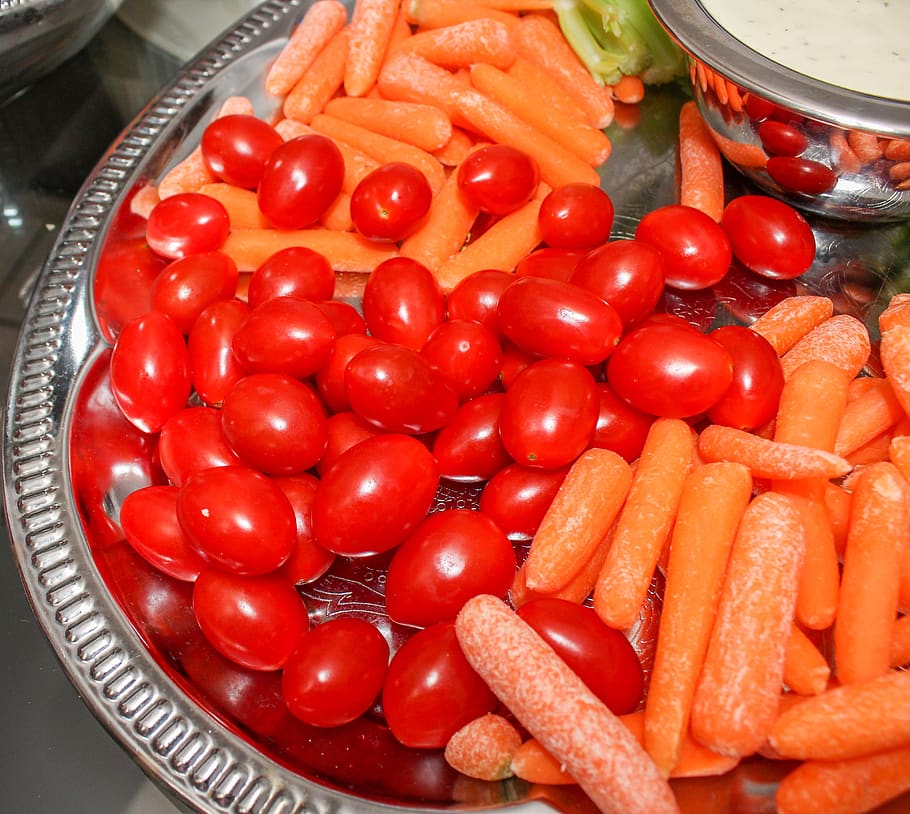 tomatoes, carrots, dip, silver, vegetable, food, food and drink HD wallpaper