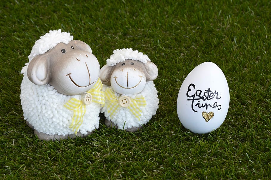 two white lamb figurines and white egg, sheep, easter, easter egg HD wallpaper