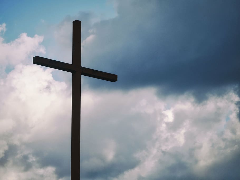 brown cross under gray clouds, blue, sky, cloud - sky, religion HD wallpaper