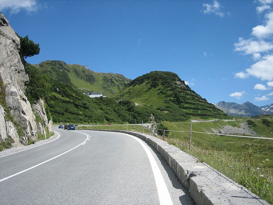 road, alpine, away, landscape, mountain, nature, asphalt, summer HD wallpaper