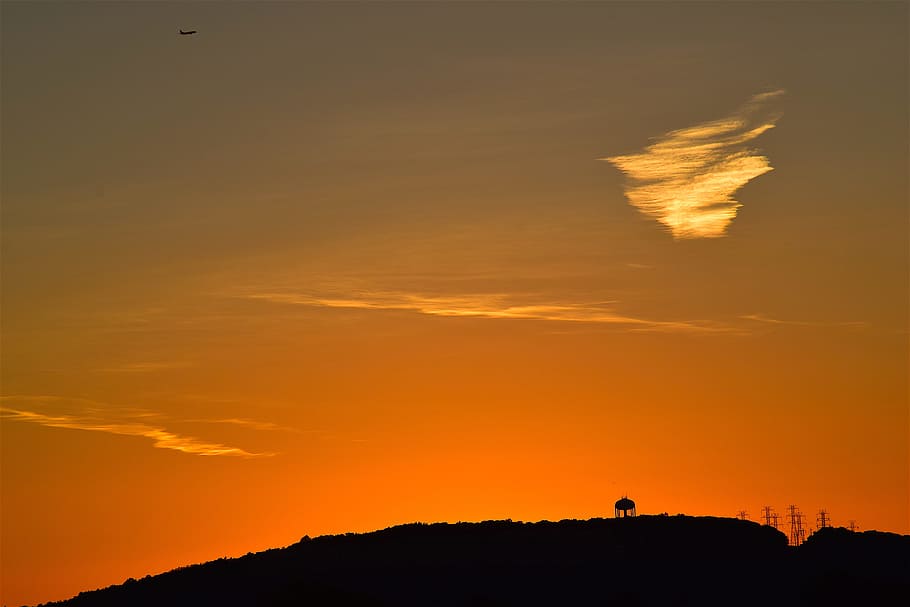 sunset, mountain, cloud, water tower, silhouette, sky, orange HD wallpaper