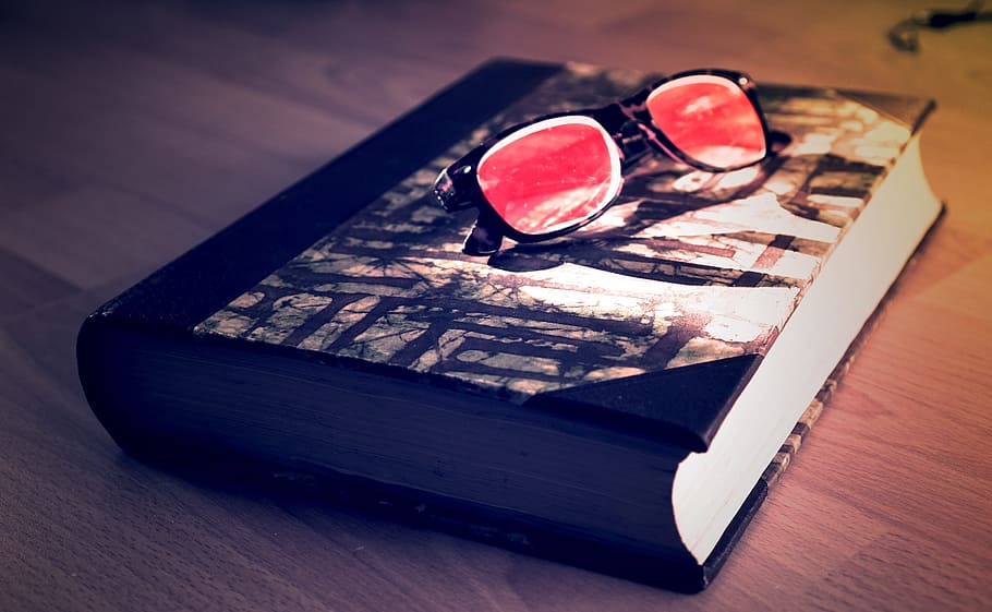 black and white book, glasses, red, read, books, desktop, study HD wallpaper
