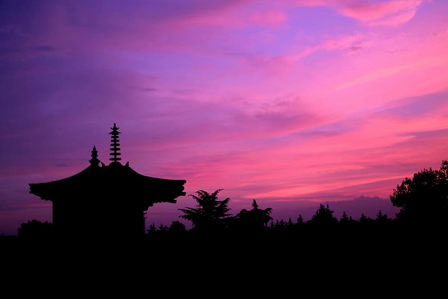 china, construction, monastery, silhouette, sky, sunset, cloud - sky HD wallpaper