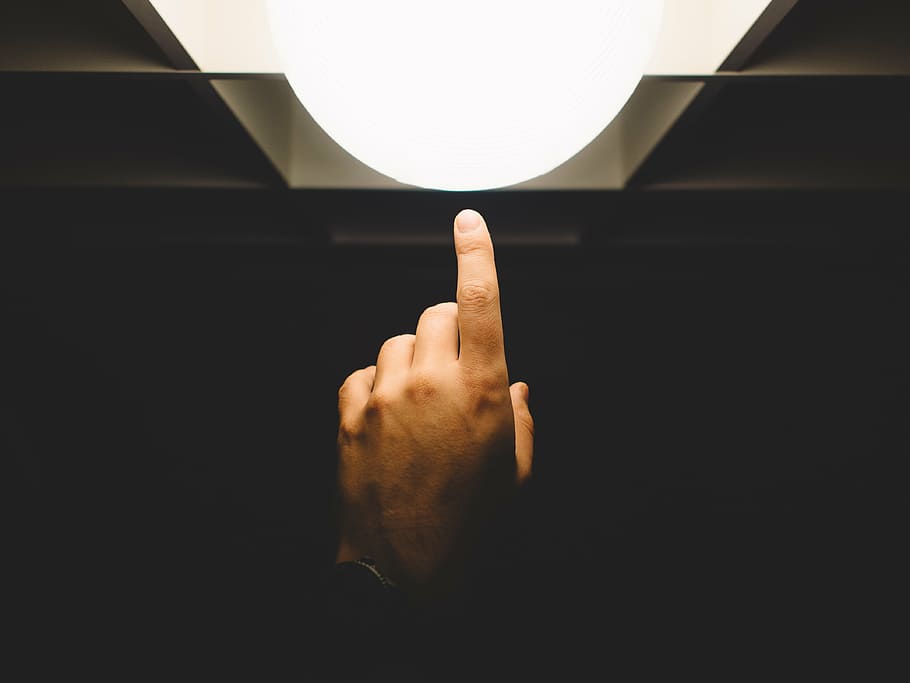 person showing left hand finger, pointing, light, lamp, human Hand, HD wallpaper