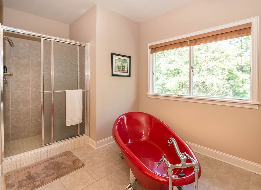 red, bathtub, bathroom, indoors, home interior, window, flooring HD wallpaper