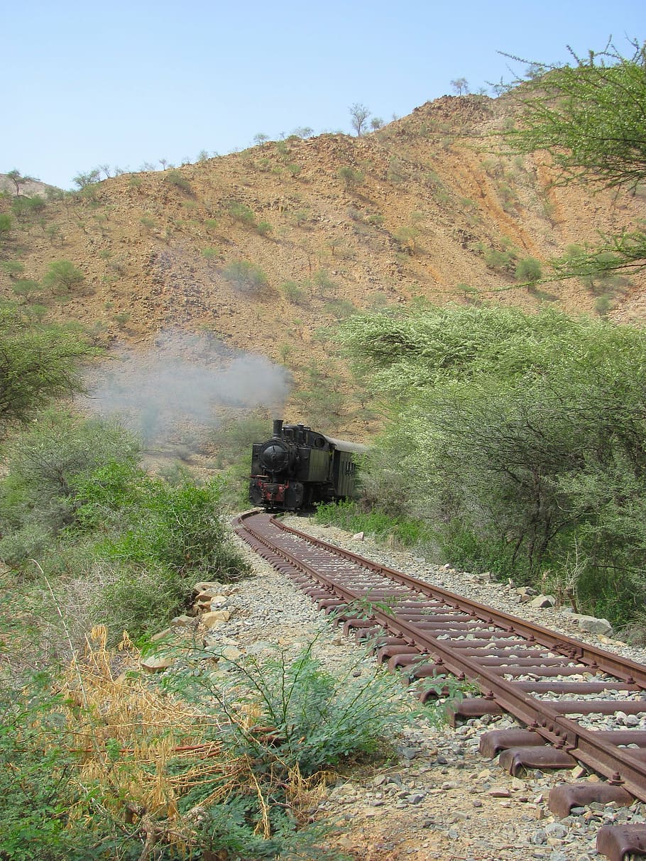 eritrea, landscape, mountains, trees, plants, railroad, railway HD wallpaper