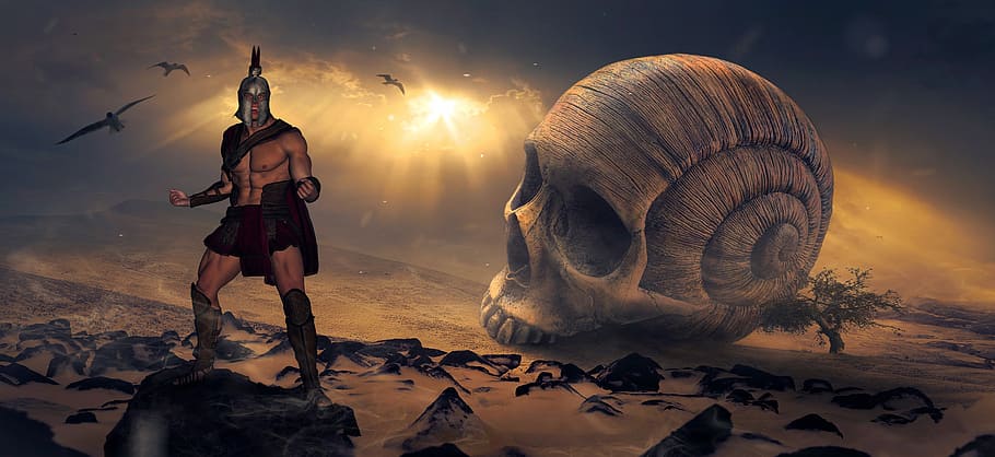 man standing on black stone near giant snail skull digital wallaper