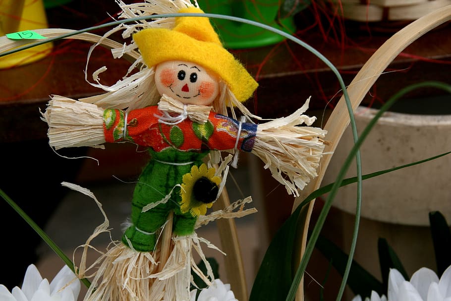scarecrow, straw, flower, spring, representation, celebration HD wallpaper
