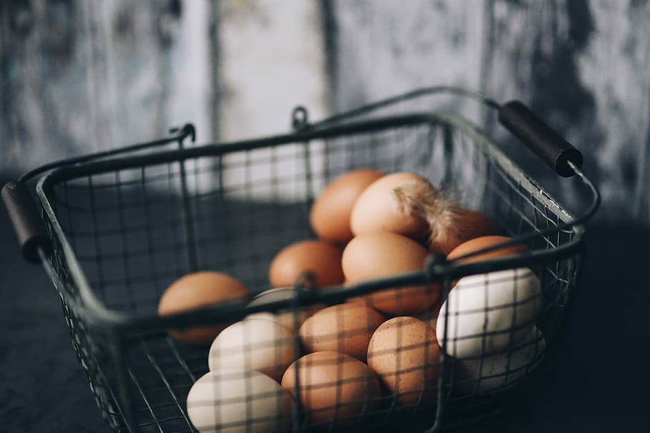 Metal wire basket with eggs, food, freshness, food and drink