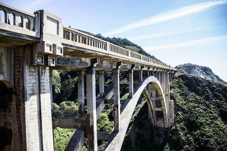 brown concrete bridge near blue mountain, arch, gorge, structure HD wallpaper