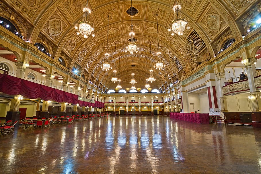 architecture, interior, design, tables, chairs, hall, chandelier HD wallpaper