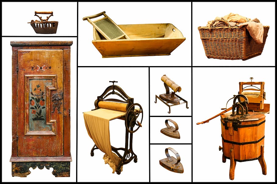 base cabinet, milk churn, and picnic basket collage, nostalgia, HD wallpaper