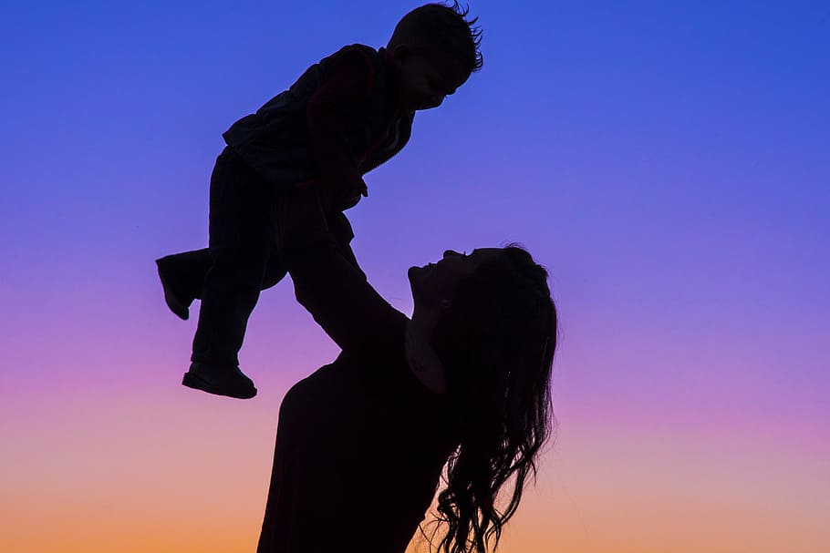 silhouette photo of woman carrying baby, Motherhood, Childhood