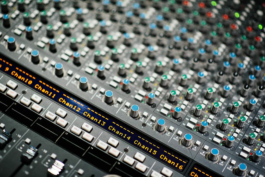 close up photography of mixing console, shallow focus photo of gray and blue audio mixer, HD wallpaper