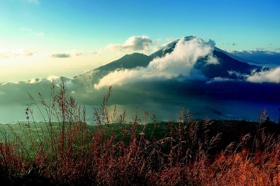 mountain by the lake, landscape, clouds, nature, water, sky HD wallpaper