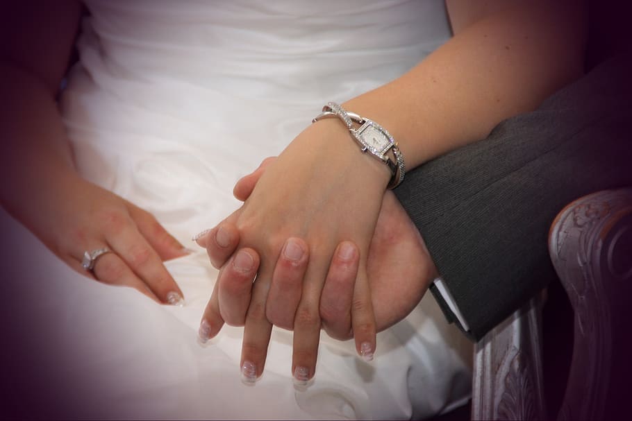 silver-colored ring, holding hands, wedding, wedding ring, wife HD wallpaper