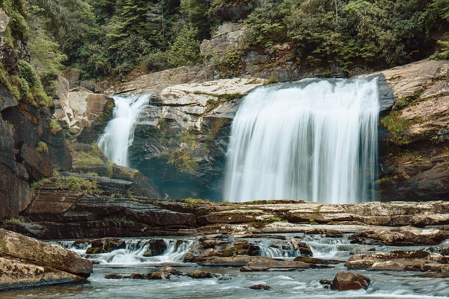 landscape photography of waterfalls, waterfalls on rock surface HD wallpaper