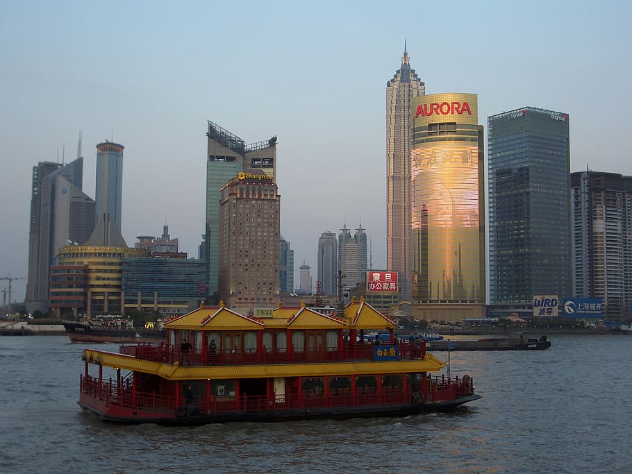 Skyline of Pudong, Shanghai, China behind a boat, cityscape, photos, HD wallpaper