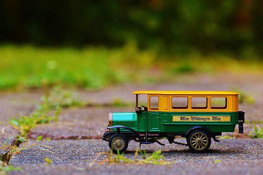 bus, one, auto, model, oldtimer, green, yellow, transportation HD wallpaper