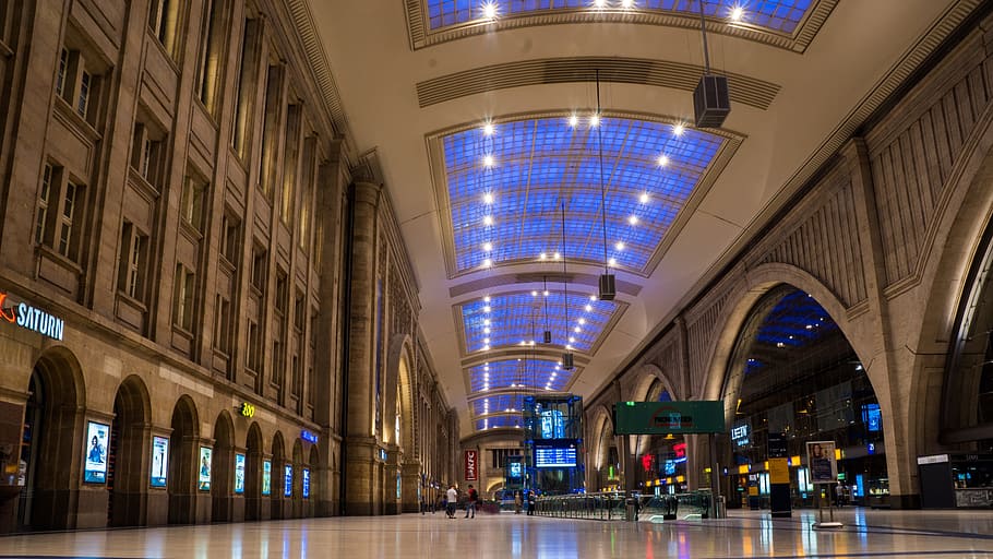 leipzig, central station, db, architecture, illuminated, incidental people HD wallpaper