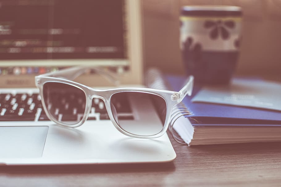 sunglasses, cup, mug, desk, computer, eyewear, laptop, macbook HD wallpaper