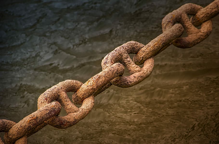 rusted brown chains near body of water, metal, technology, anchor chain, HD wallpaper