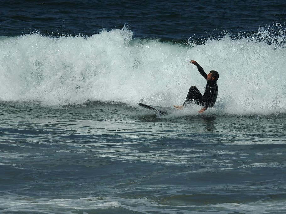 surfer, ocean, surfing, surfboard, beach, wave, water, motion HD wallpaper