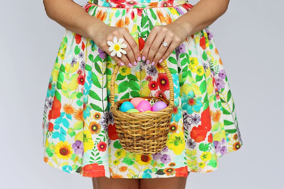 Woman in dress holding basket of Easter Eggs, various, flower HD wallpaper