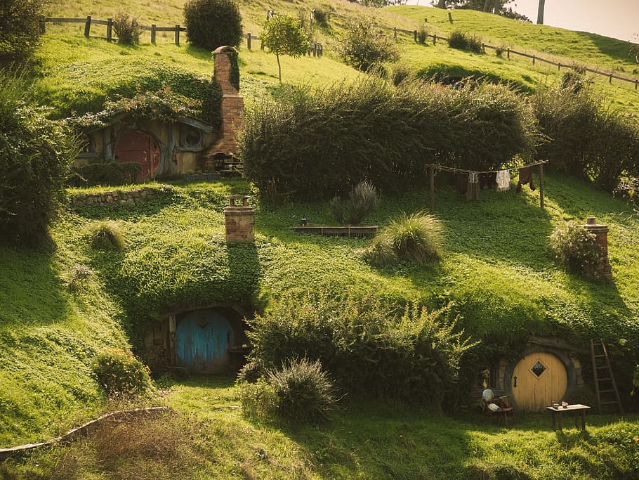 green, grass, field, landscape, highland, nature, shelter, architecture HD wallpaper