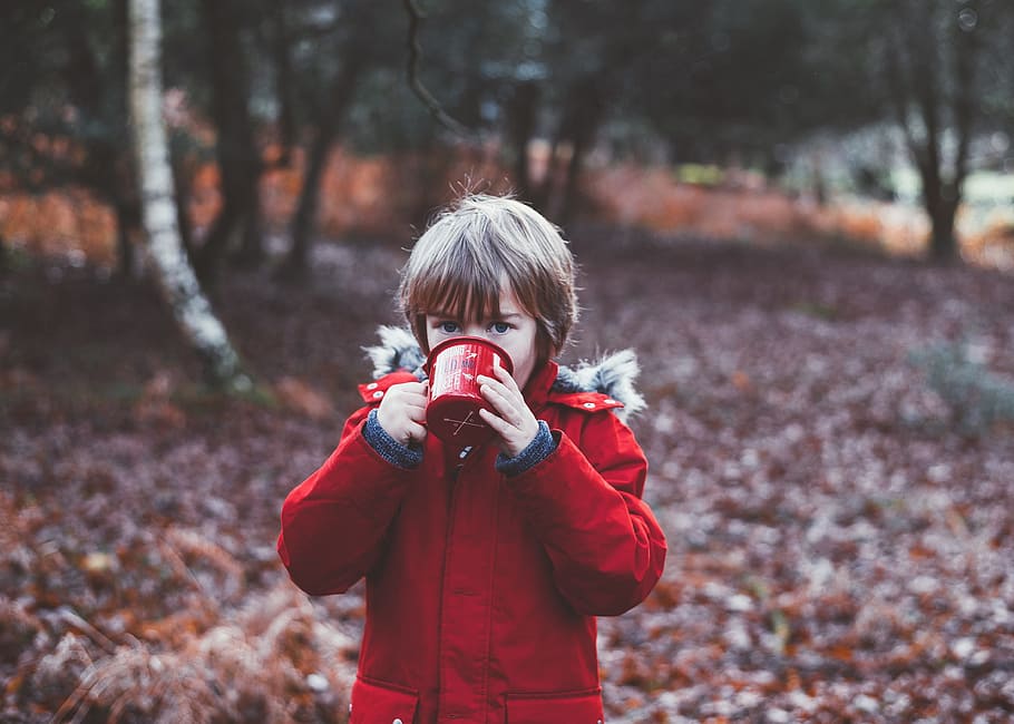 people, kid, child, raincot, red, cold, weather, coffee, mug HD wallpaper