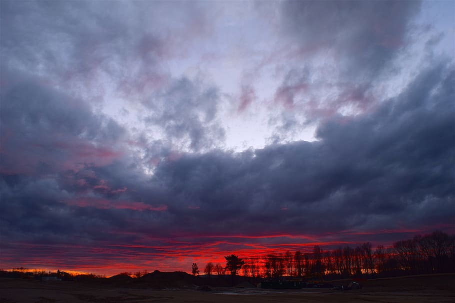 sunset, landscape, winter, trees, clouds, sky, colorful, red HD wallpaper