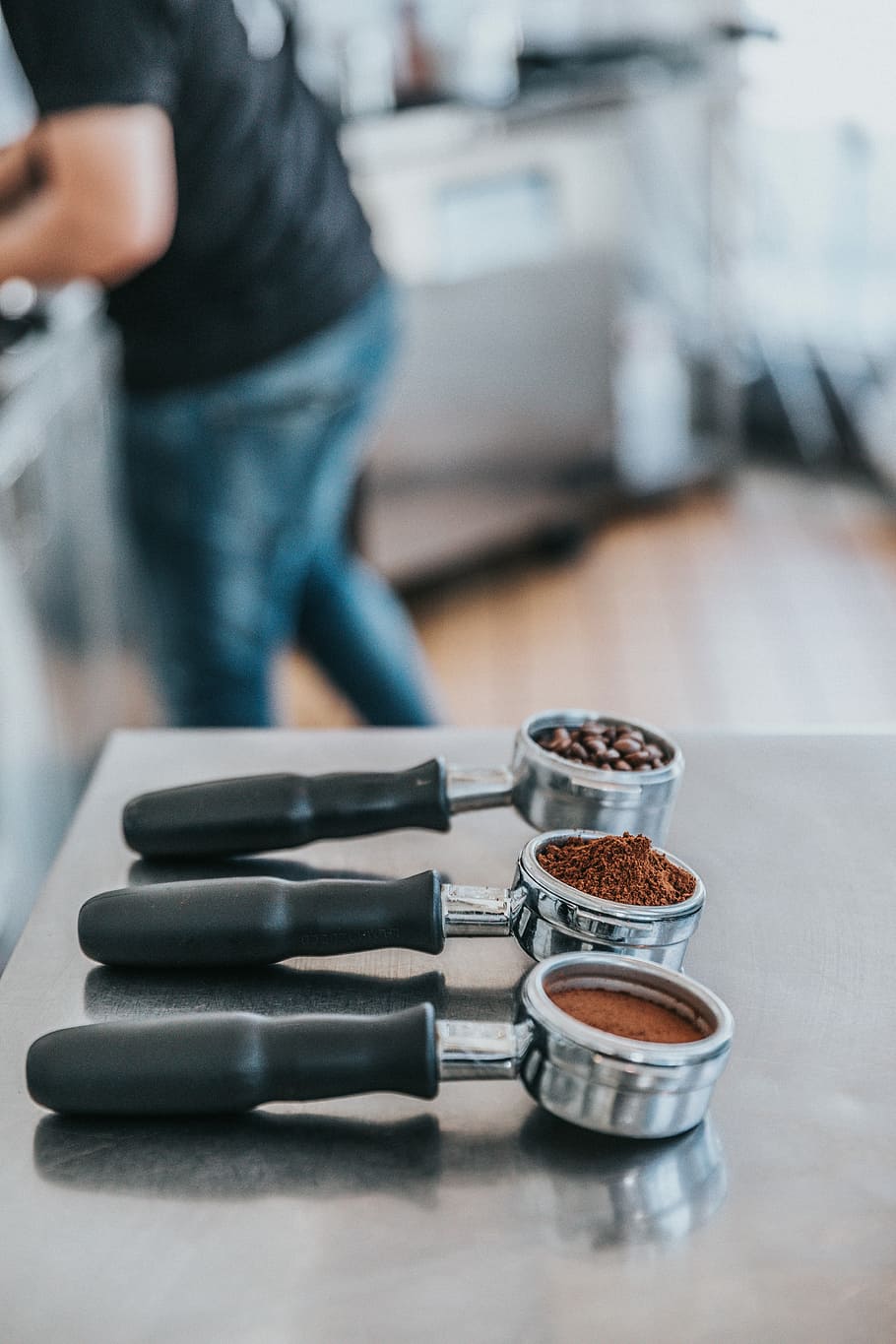 three silver scoops, three gray steel scoops, coffee, beans, ground coffee HD wallpaper