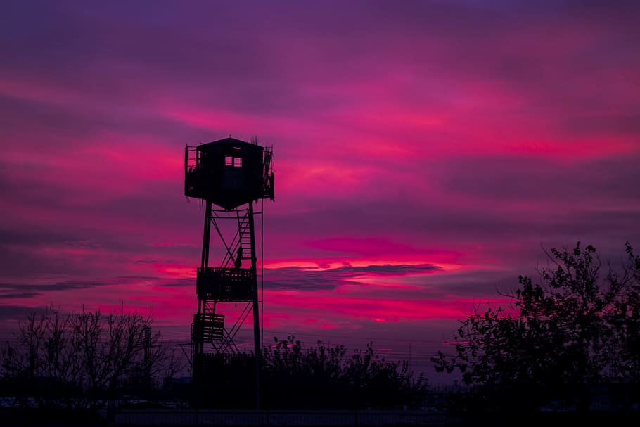 silhouette of grey house, silhouette of lighthouse, pink, sunset HD wallpaper