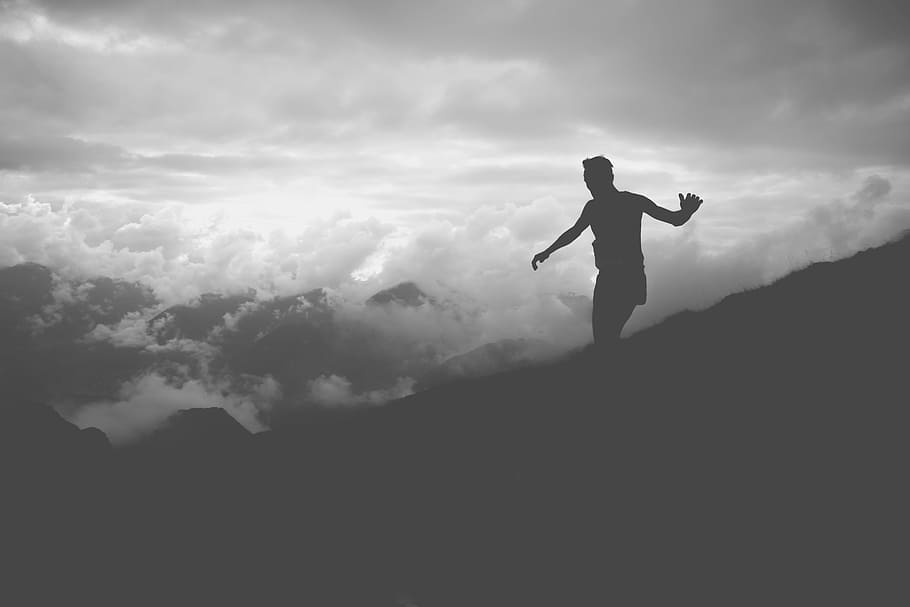silhouette of man on mountain hill, Sky dancing, walking, person HD wallpaper