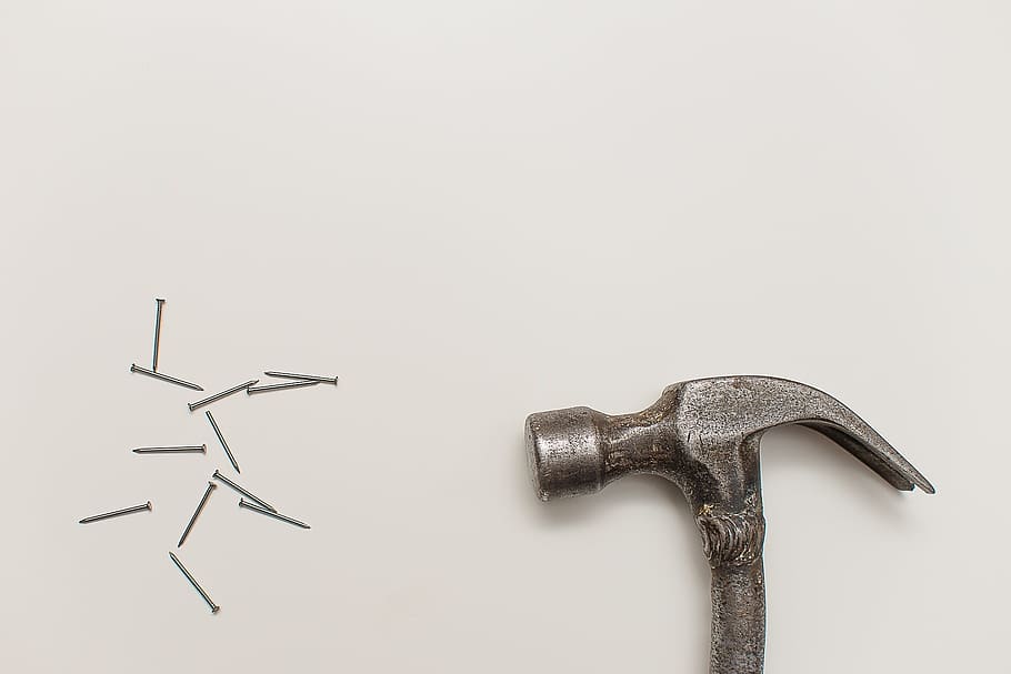gray hammer on white surface, nails, tools, objects, metal HD wallpaper