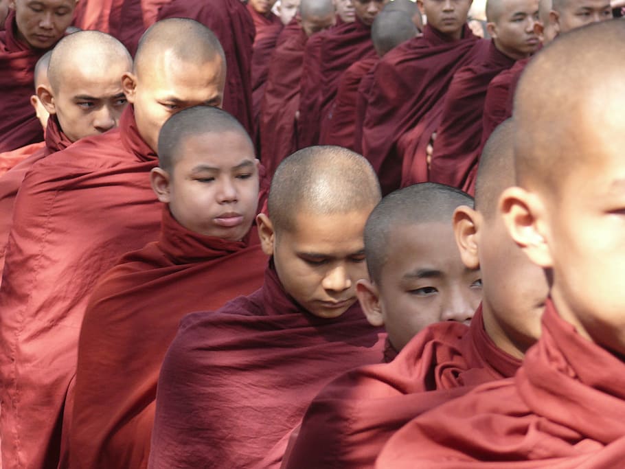 myanmar, burma, monk, group of people, crowd, shaved head, young adult HD wallpaper