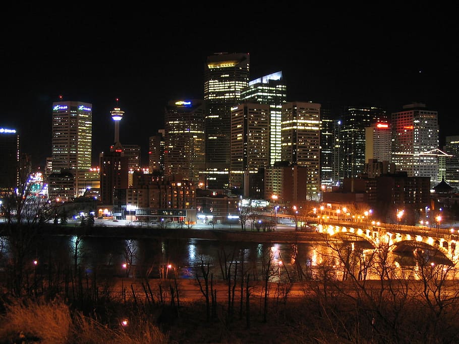 Lighted up Skyline at night in Calgary, Alberta, Canada, dark