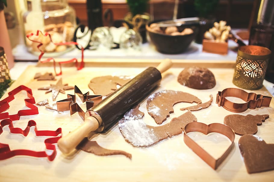 brown rolling pin on top of beige surface, making, baking, cookies HD wallpaper