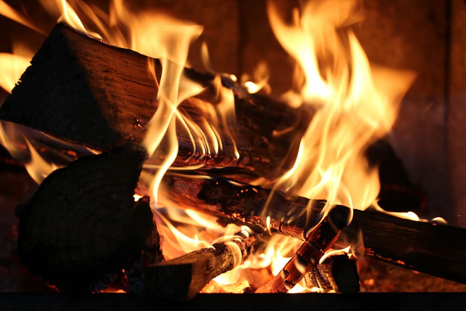 burning firewood, cord, flame, bonfire, campfire, dark, night HD wallpaper